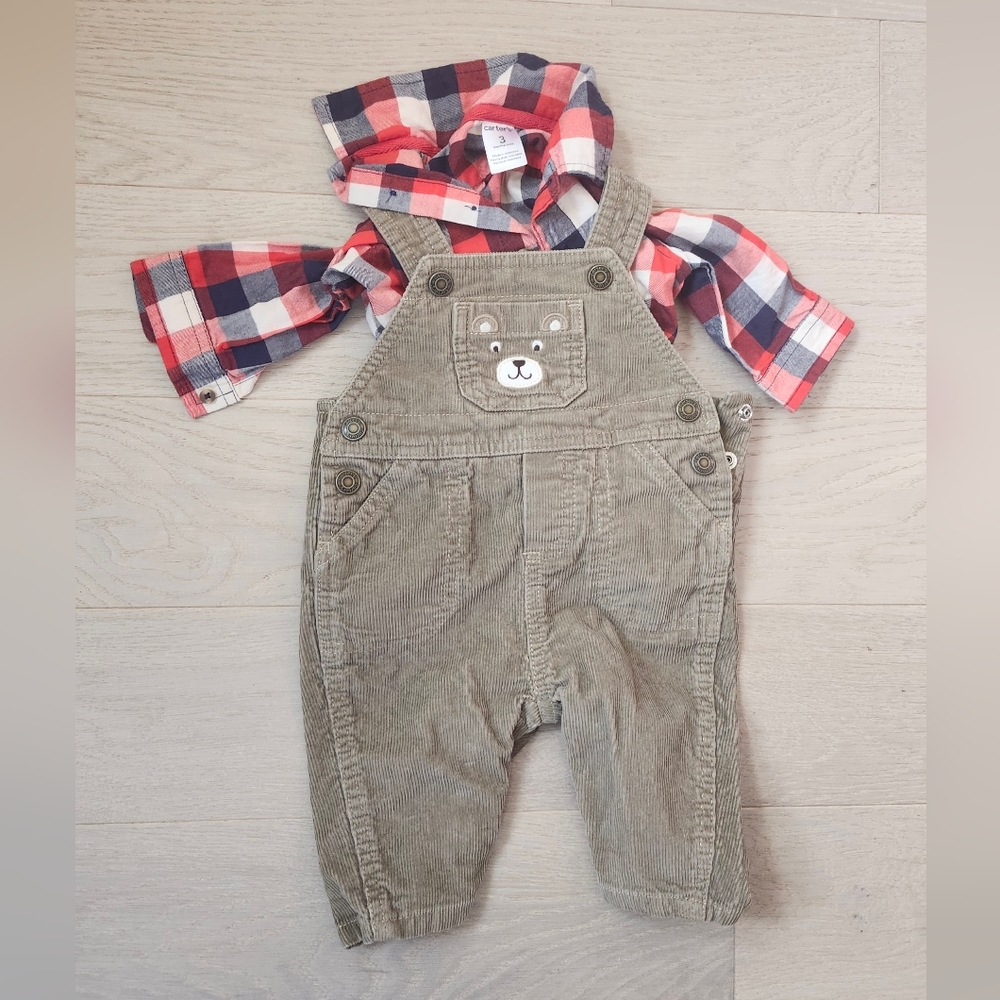 Carter's Baby Boy Plaid Red Blue Tan Corduroy   Overalls Set 3 Months